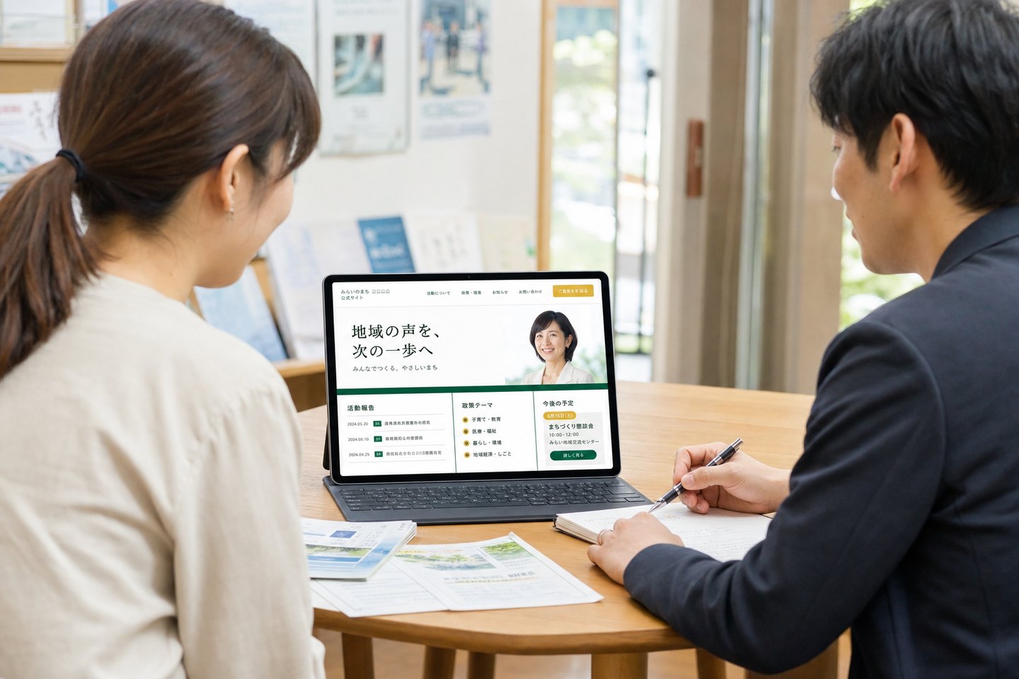 架空の地域活動サイトを見ながら相談内容を整理する場面