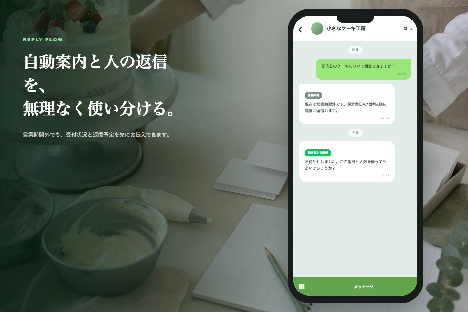 架空のケーキ工房LINE公式アカウントで、自動応答と担当者返信を示す縦長スマートフォン画面