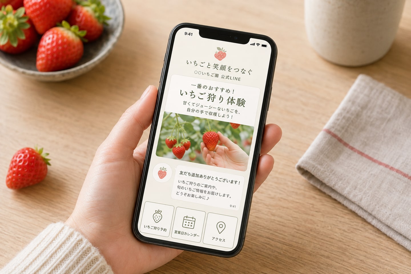 架空のいちご農園のLINE公式アカウントで、あいさつメッセージとリッチメニューを確認する場面