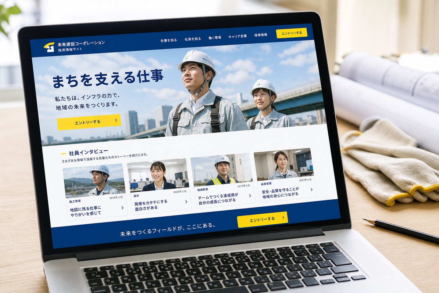 架空の建設会社採用LPを見ながら構成を整理する場面