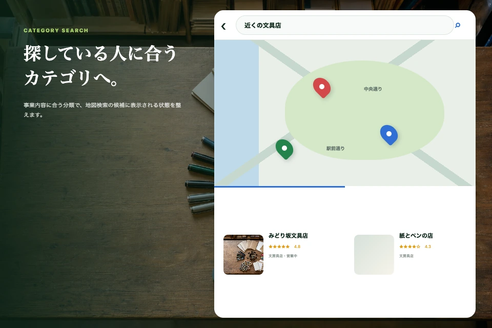 架空の文具店をカテゴリで検索し、検索結果と地図上のピンを表示する画面イメージ