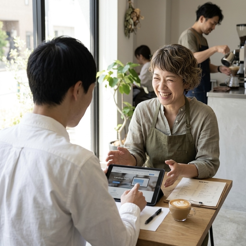 カフェ店員とLP制作について相談している様子