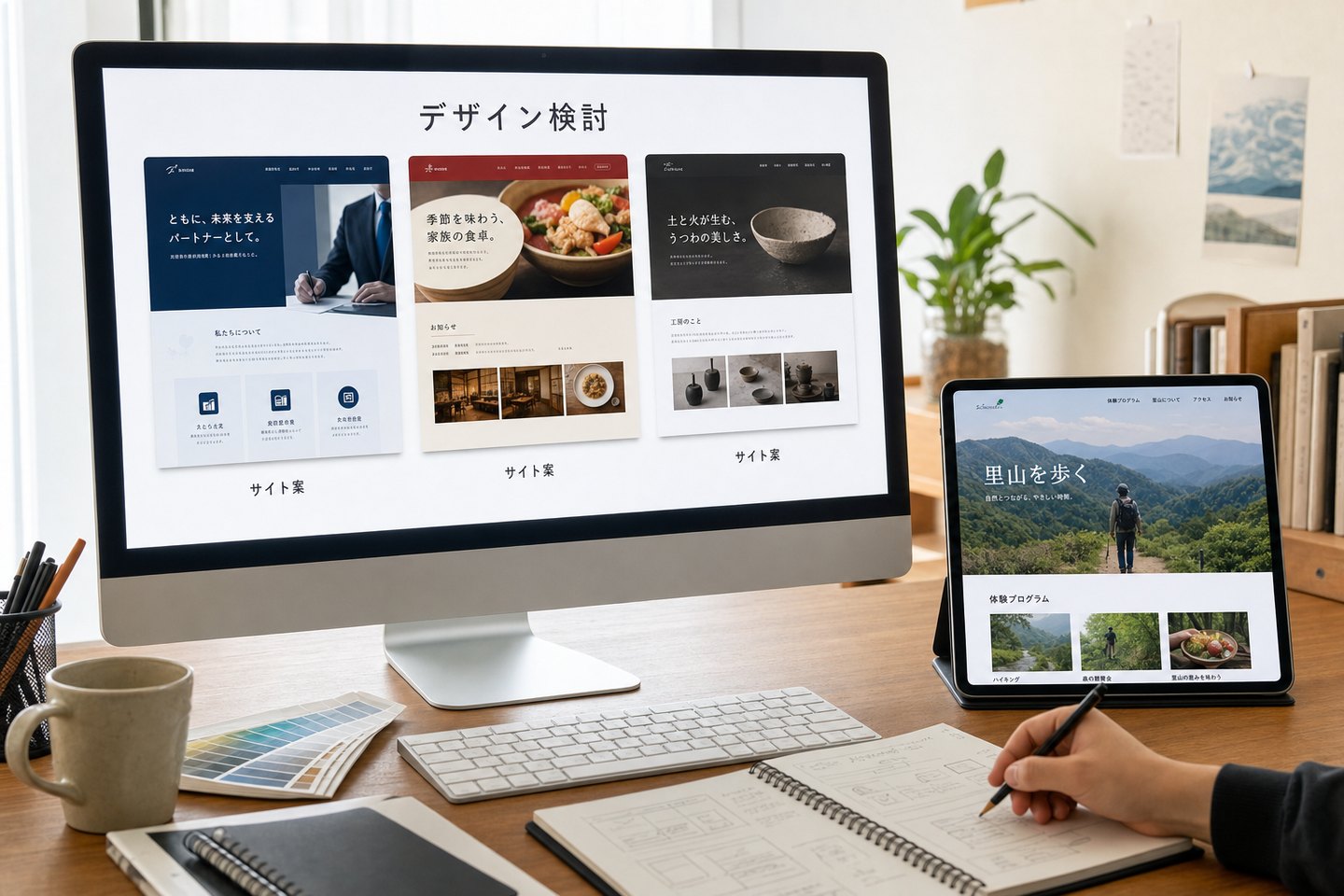 複数業種の架空サイト画面を並べて制作方針を検討する場面